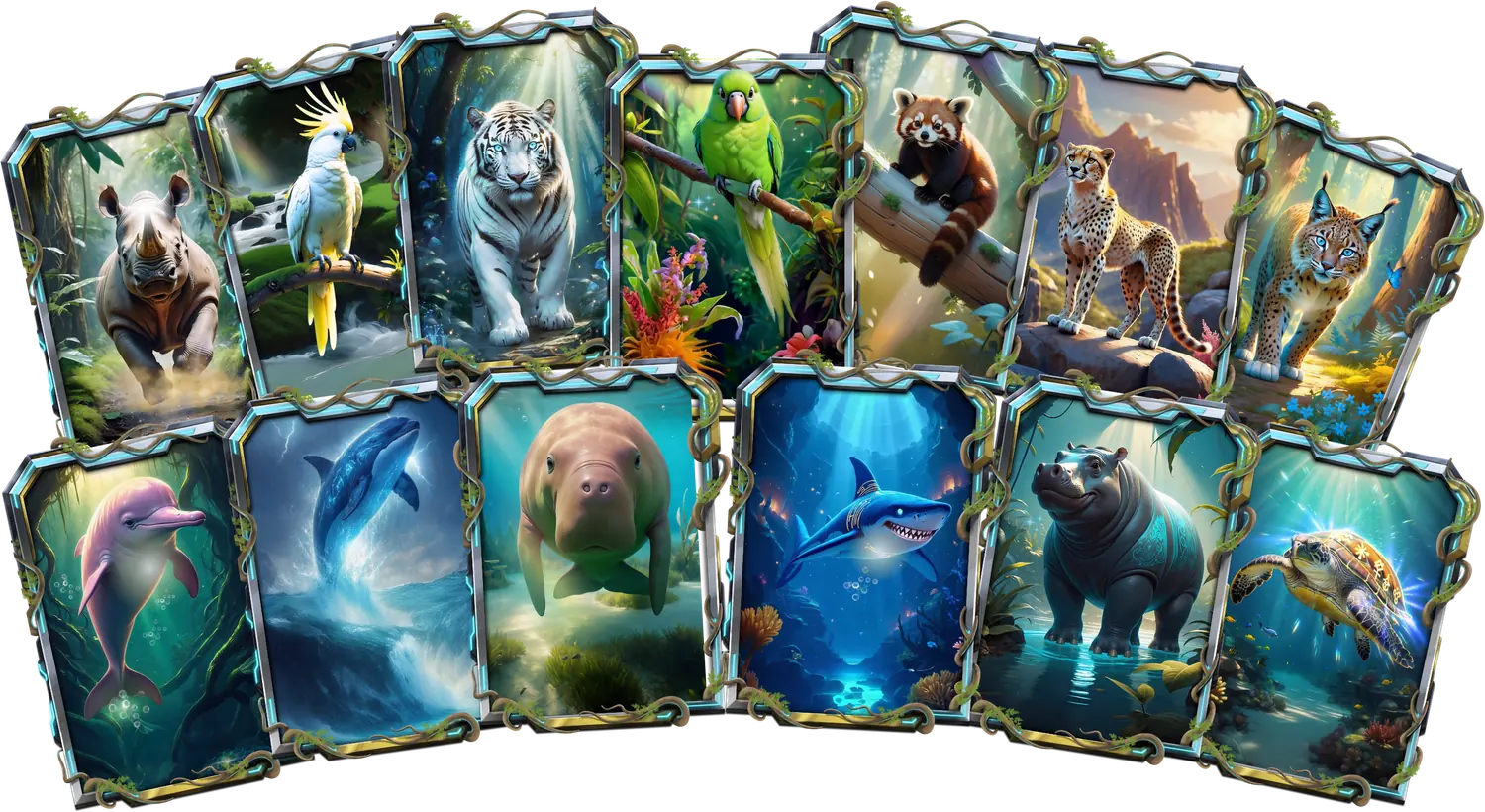 Fourteen endangered species cards, from black rhino and white tiger to river dolphin, dugong and sea turtle