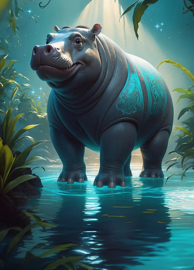 Hippo Blast standing in a sunlit river