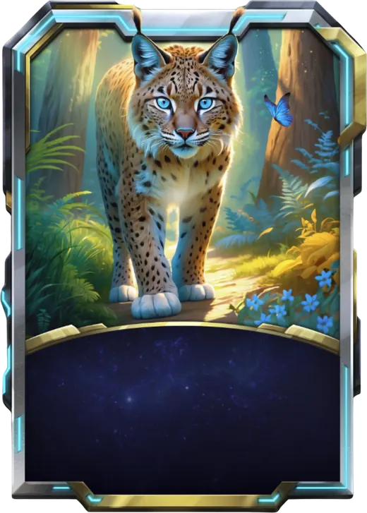 Elowyn card art: a blue-eyed lynx prowling a sunlit forest path, a butterfly beside it