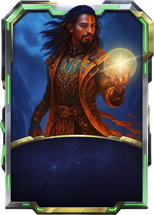 Elowyn card art: a robed figure holding a glowing golden sigil in his palm