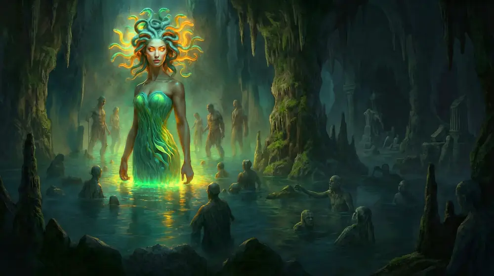 A luminous serpent-haired figure rising from the still water of the underworld